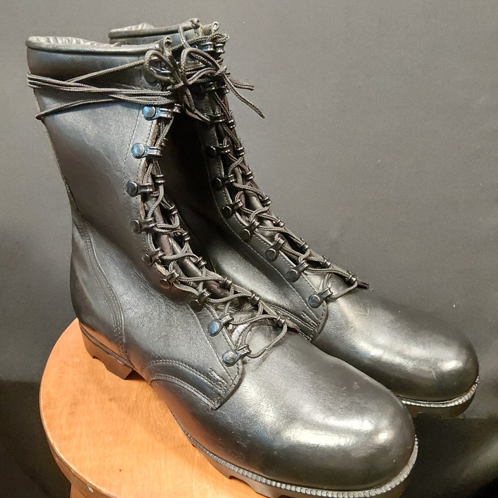VTG 1985 RoSearch US Combat Boots Black Leather Panama Sole Speedhook lace 12.5R